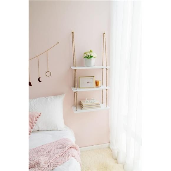 Hanging Shelves 3 Tier White Wood Wall Mount Floating Shelf with Rope Boho Decor - Picture 5 of 5